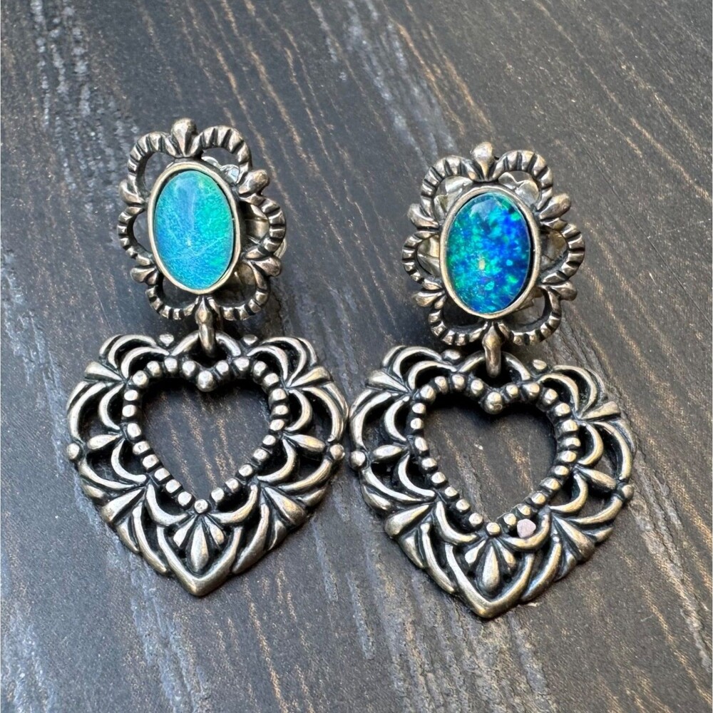 Carolyn Pollack 925 Sterling Silver Opal Heart Earrings, Filigree Dangles Relios